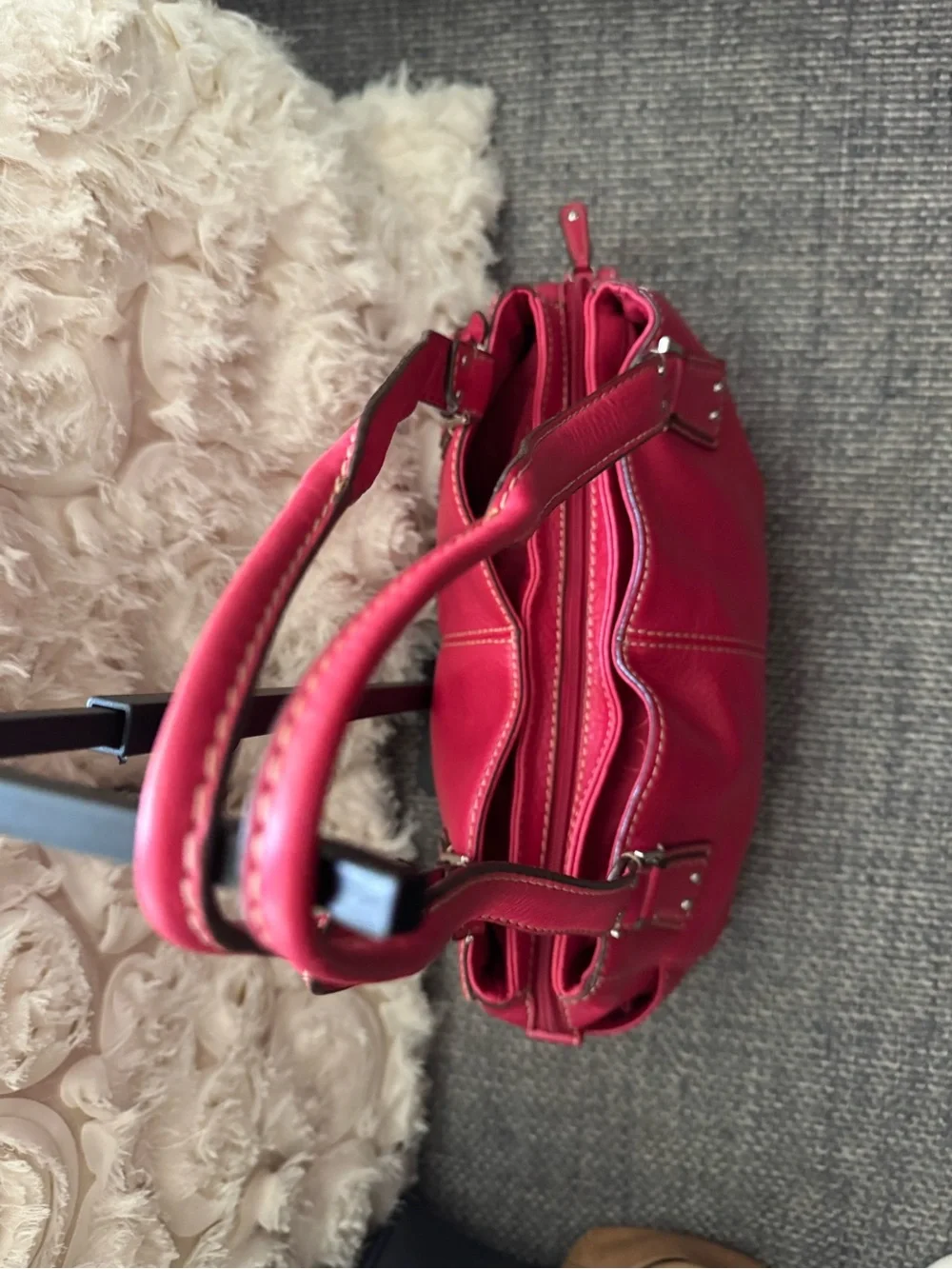 Fossil Red Leather Shoulder Bag / Satchel – Double Handle – Silver Hardware